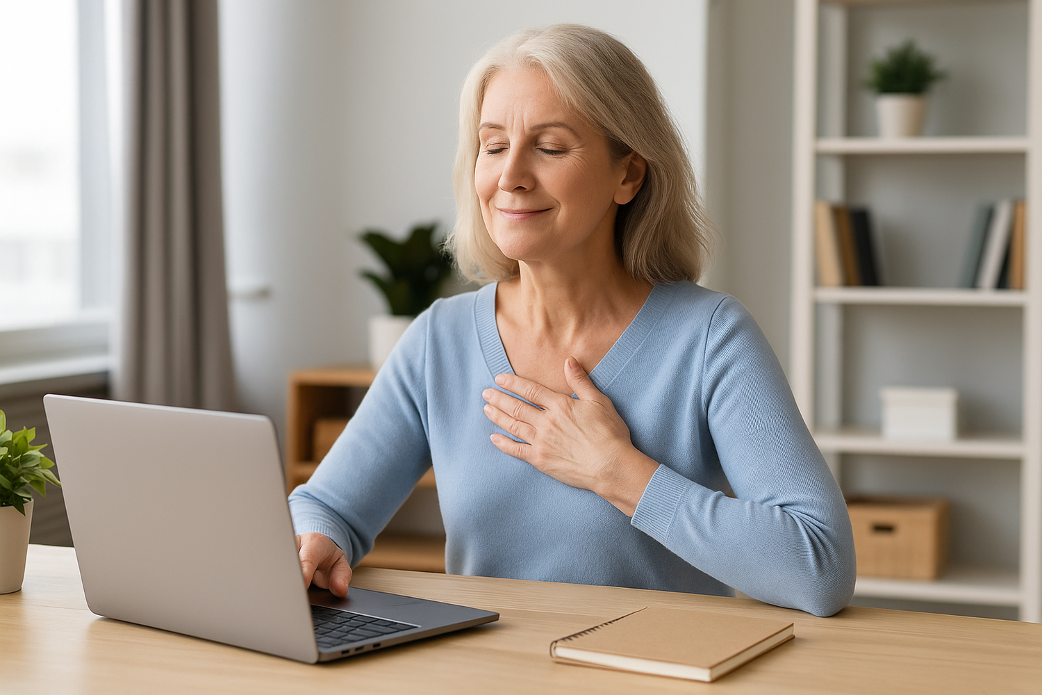 Femme ménopausée souriante en télétravail, assise devant un ordinateur portable dans un bureau lumineux à domicile, exprimant un soulagement et une sérénité visibles.