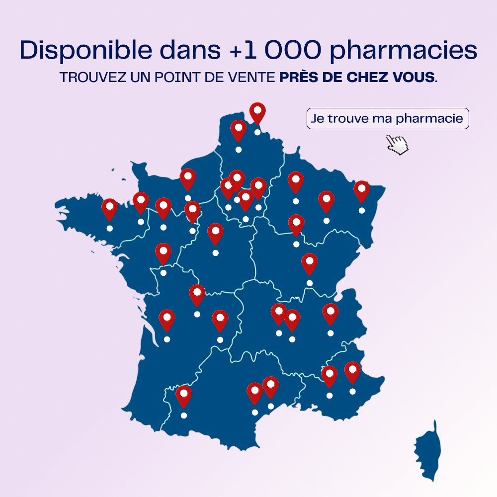 Carte de France indiquant les points de vente : Héra est disponible dans plus de 1000 pharmacies