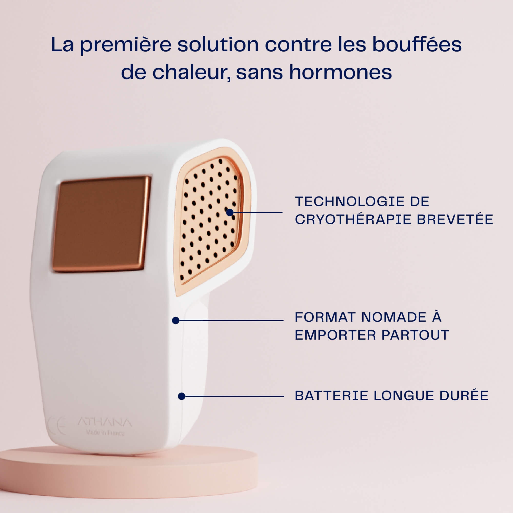 Héra est posé sur un socle rose avec des légendes indiquant : technologie de cryothérapie brevetée, format nomade, batterie longue durée. L’image est claire et informative.