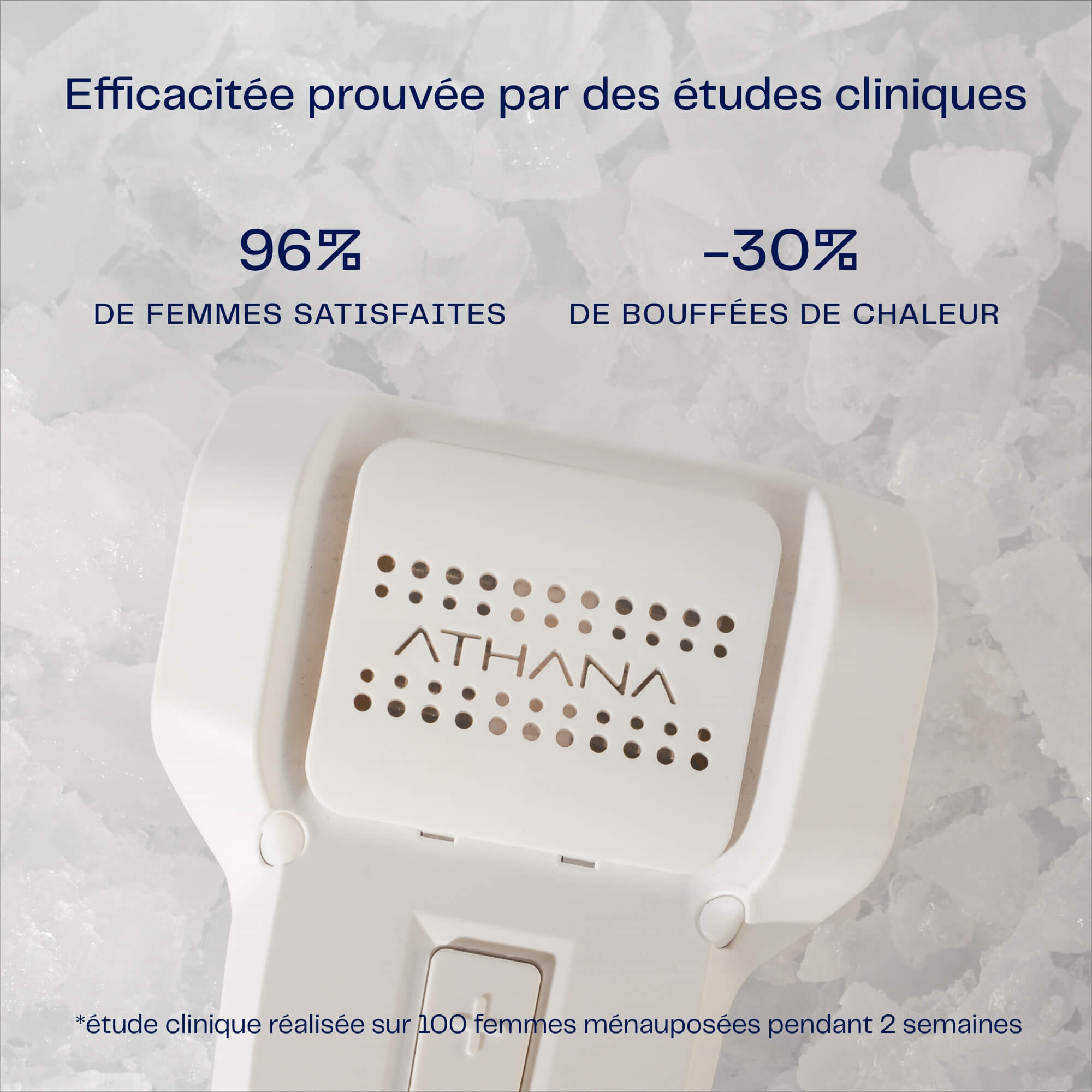 Dispositif Héra posé sur un lit de glace, avec texte informant que 96% des femmes sont satisfaites et que les bouffées de chaleur diminuent de 30% après 2 semaines d’utilisation.