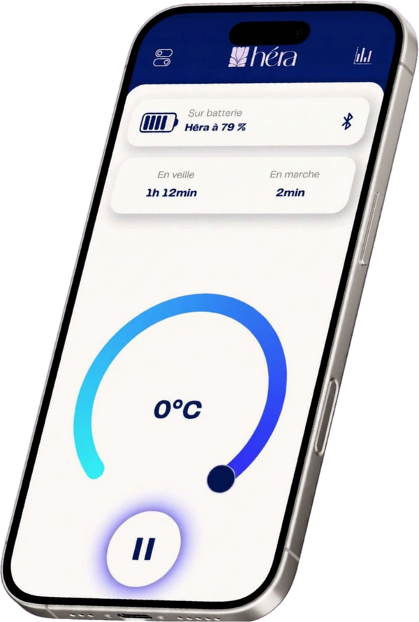 Ecrã inicial da aplicação Héra, temperatura definida para 0 graus e nível da bateria