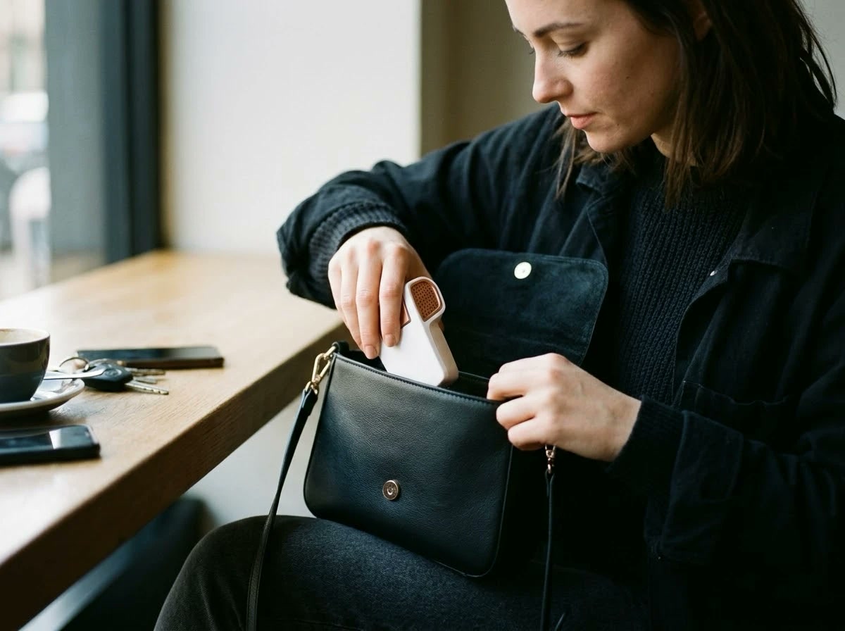 Femme glissant l'appareil Héra dans son sac à main, assise à la table d'un café